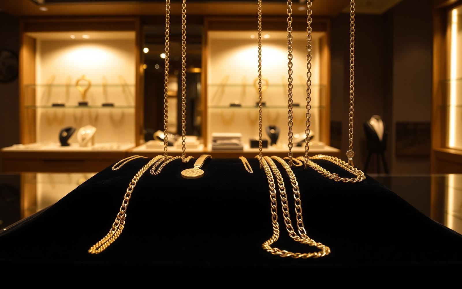 Gold chains displayed on a black velvet tray in a jewelry showroom