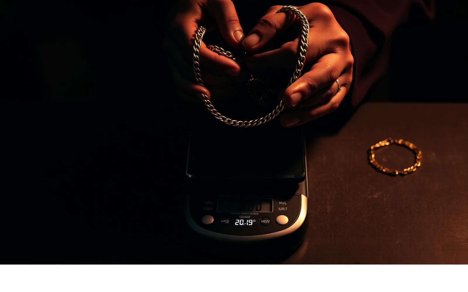 A gold chain being weighed on a precision gram scale