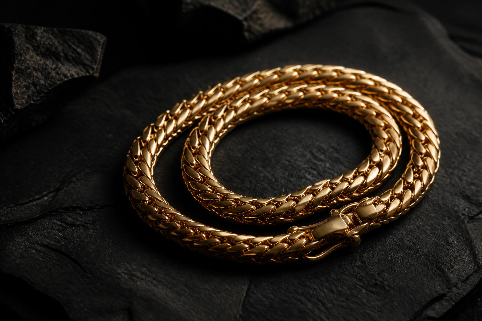 Solid 14K gold Franco chain coiled on dark stone